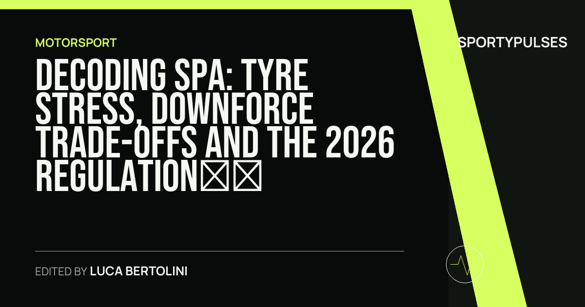 SportyPulses story card for Decoding Spa: Tyre Stress, Downforce Trade-Offs and the 2026 Regulation Test